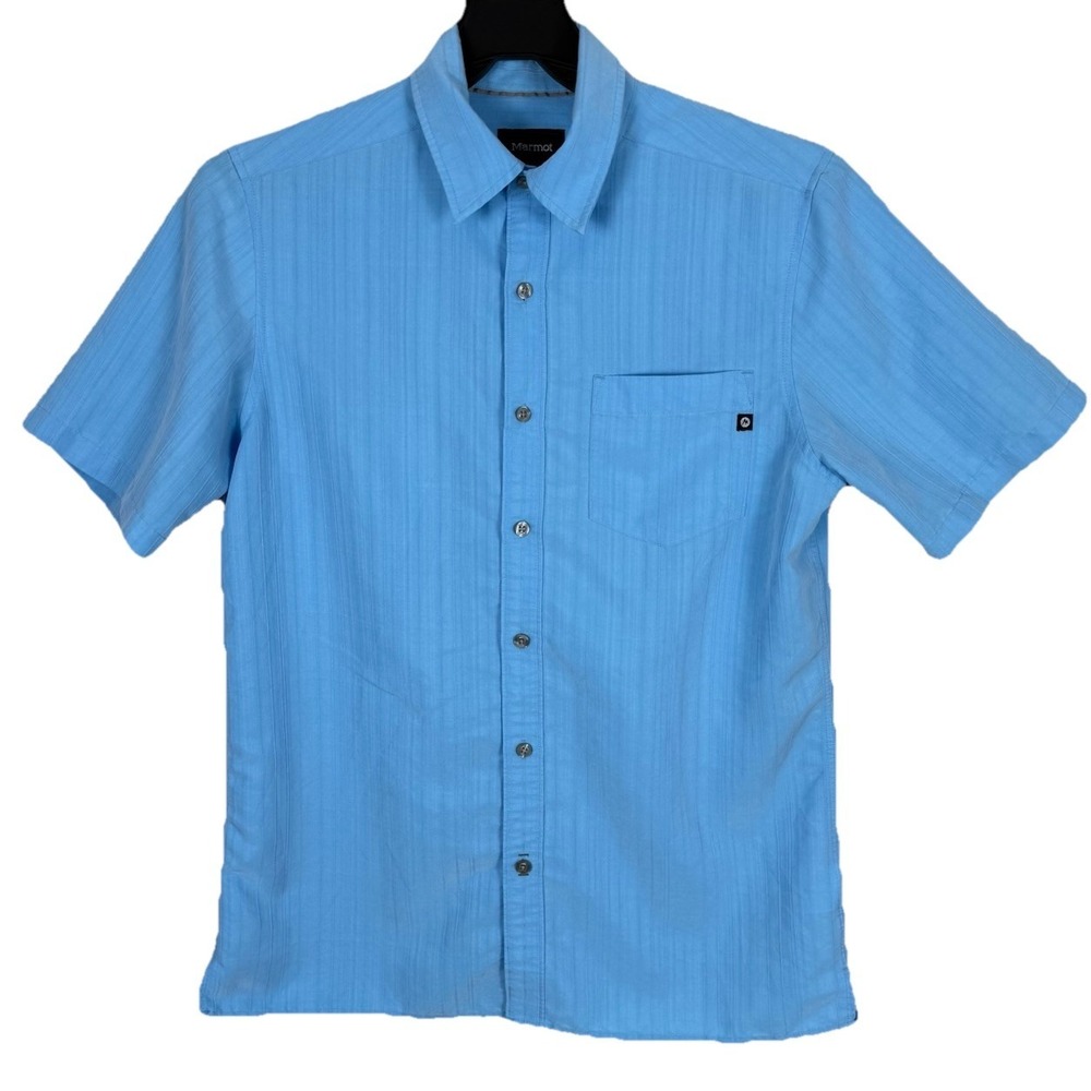 Marmot Shirt Mens S Blue Rayon Blend Button Up Short Sleeve Outdoor Casual Hike